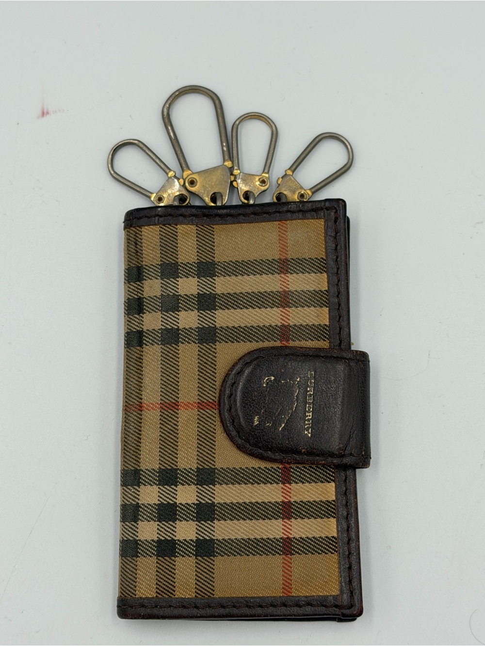 Burberry Beige Plaid Key & Card Holder with Dark Brown Trim (Pre-Own)